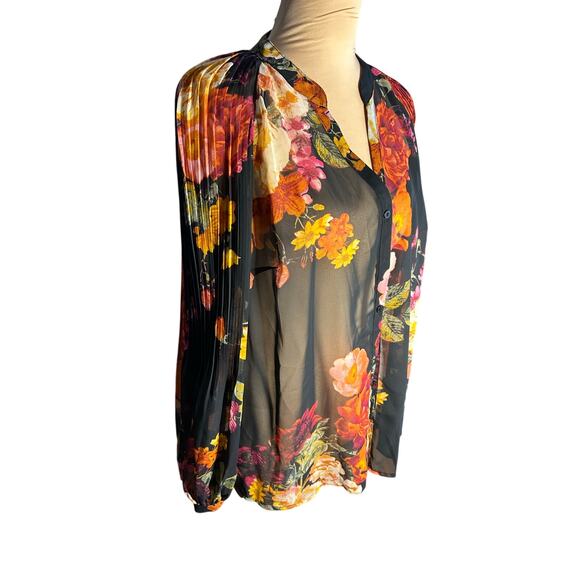 Worthington Black floral sheer long bishop sleeve button up blouse Whimsigoth XL - Picture 2 of 9